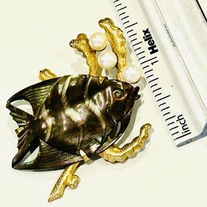 Vintage Signed Tropical Angel Fish with pearls Brooch Pin 12K gold filled